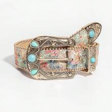 1条女士复古西部风格金属扣绿松石亮片印花PU皮带 - 綠松石閃粉版畫 - 查看 6