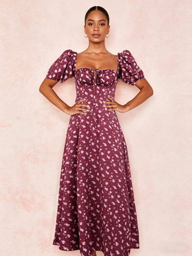 2026 Spring New Women's Clothing: Cross-Border European And American Dress, Elegant Floral Print Long Dress With Slit And Tie - 酒紅色 - 查看 2
