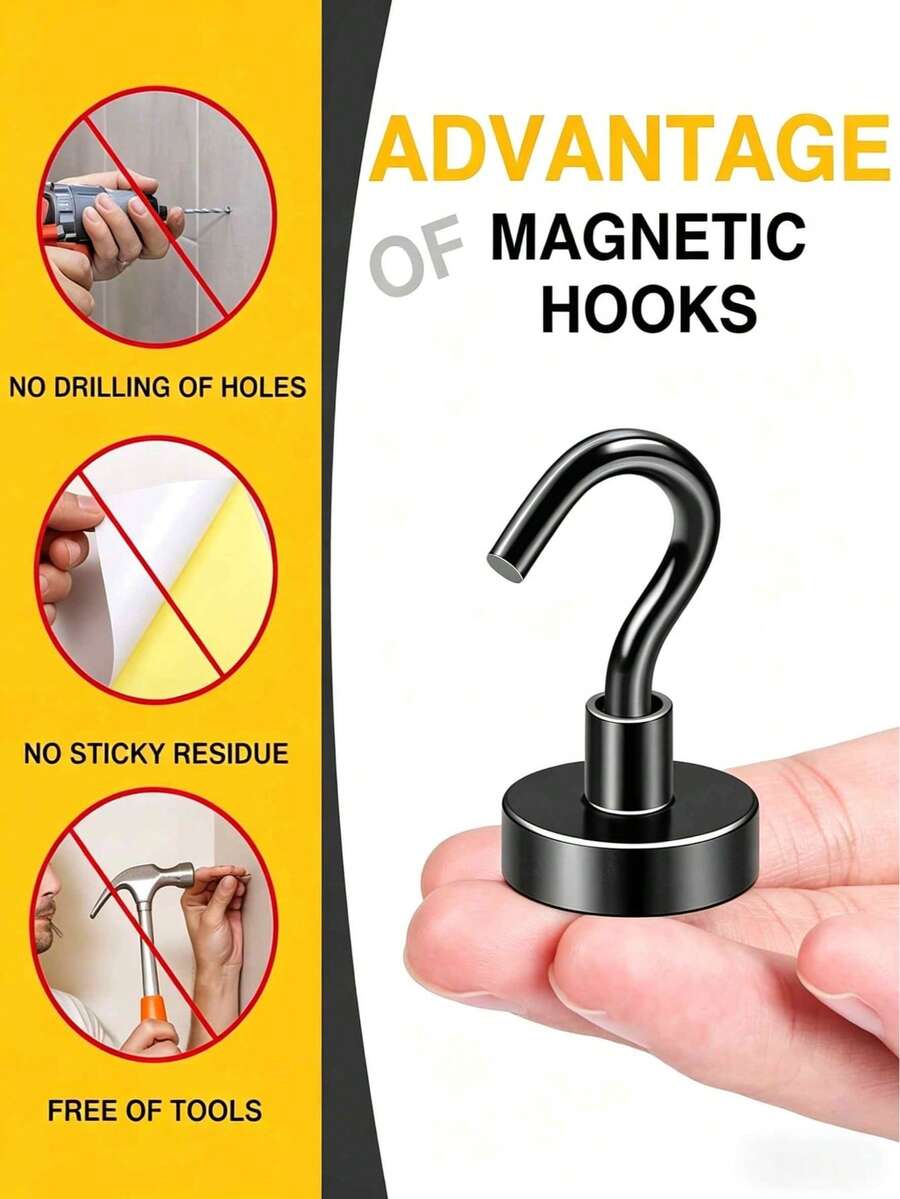 1/5/10pcs Silver Magnetic Hooks, Strong Load Bearing Capacity, No Drilling Required, Magnetic & Adhesive Design, Suitable For Bedroom Wall Decor, Hanging Hooks - Multicolor - View 1