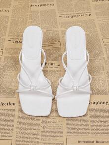 Women's Casual Simple White High Heel Sandals, Square Toe Criss-Cross Slip-On Summer Sandals - White - View 5