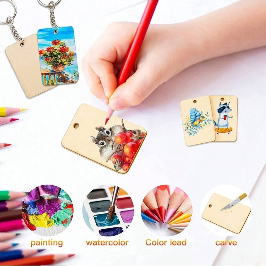 Set de 10 piezas de llaveros de madera en blanco con formas de rectángulo, corazón y redondo, kit de llaveros de madera sin terminar para manualidades DIY, accesorios de bolso, kit de manualidades de llaveros de madera