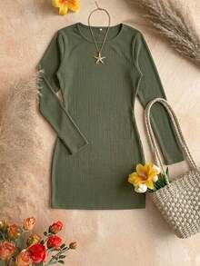 Plus Size Ribbed Midi Dress, Blogger Style, Sheath Dress, Long Sleeves, Elegant Fashion, High Quality, Autumn/Winter, Sizes 46 To 56 - 橄欖綠 - 查看 2