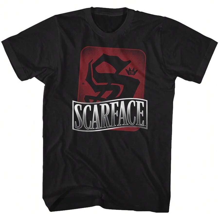 Scar Face S Is For Scar Face Svart T-shirt för vuxna, filminspirerad T-shirt, 100% bomull, bekväm kortärmad tröja, ikonisk Tony Montana-grafik, avslappnad streetwear med rund hals, stilren och trendig, allsidig herrtopp. - Svart - Visa 1