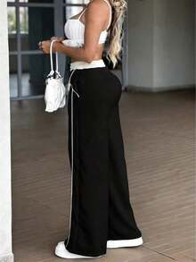 Pantalones de pierna ancha de cintura alta de color gris verdoso claro estilo Y2K, pantalones casuales sueltos de estilo europeo y americano, pantalones rectos y anchos versátiles para primavera/verano que estilizan la figura - Negro - Ver 2