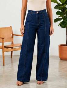 Women's Dark Blue Wash Jeans, High-Waisted, Straight Leg, Shaping Detail, Premium Comfort, Elegant, Versatile - 深色水洗藍 - 查看 1