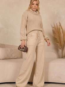 Women's Set Knitting Mousse Pantalona Cropped High Collar Aerolook Modern Pants - Cát - Xem 1