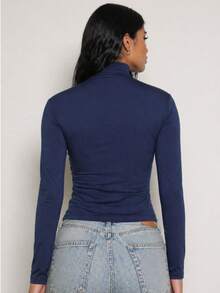 Moderna & Slim Women's Long Sleeve High Neck Blouse, Basic Second Skin Style, Extended Neck, Fitted, Comfortable For Winter - 汽油藍 - 查看 2