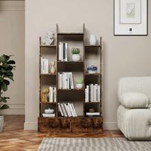 Bibliothèque à 2 tiroirs, étagère ouverte industrielle autoportante, bibliothèque vintage, 12 étagères de rangement, idéale pour chambre, salon ou bureau, marron rustique - brun - Voir 2