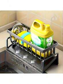 1 pieza Cesta de plástico para fregadero de cocina con bandeja de drenaje, estante de almacenamiento multifuncional para esponja, líquido lavavajillas y paño, organizador a prueba de óxido para encimera, adecuado para accesorios de cocina y baño - Multicolor - Ver 9