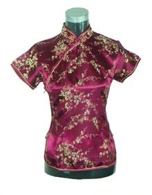 Blusa de satén de seda china tradicional rosa para mujer, camisa Vintage de verano, Tops, ropa de flores, S, M, L, XL, XXL, WS012 - Azul Marino - Ver 2