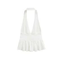 HH mujeres Vintage sólido Halter chaleco dobladillo con volantes señora Sexy espalda descubierta sin mangas cuello en V Tops verano fino Casual vacaciones Chic Top - Negro - Ver 2