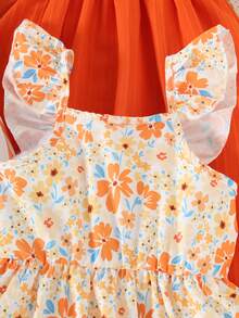 Conjunto de 3 vestidos para niña con cuello cuadrado y volantes acanalados, estampado floral + estampado a rayas + color liso, multicolor, para uso diario, escuela, vacaciones y fiesta, outfit de vuelta al cole - Multicolor - Ver 6