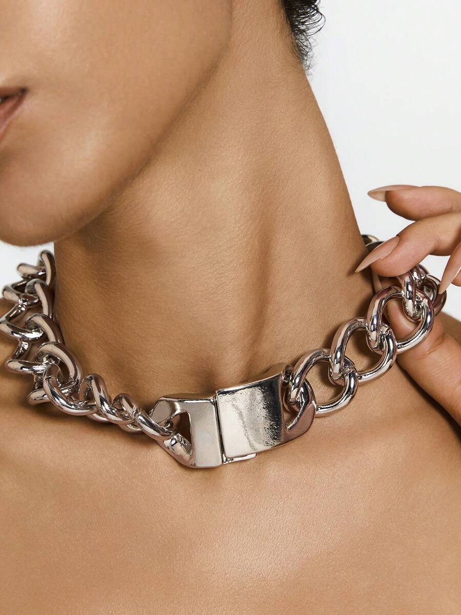 Kryxie 1 Buah Kalung Choker Rantai Curb Tebal Warna Emas untuk Wanita, Choker Manset dengan Gesper Magnetik - Perak - View 1