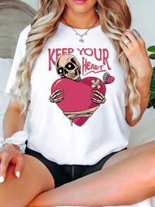 Camiseta de estilo gótico de las mujeres con patrones Corazón rosa y cadena Corazón eslogan-cómoda camiseta de cuello redondo para traje casual y partido-emocionante casual Top-Todas las estaciones Camiseta transpirable, ropa de fiesta, estilo de confort, verano F - Blanco - Ver 2