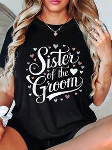 Wo "Sister Of The Bride" Heart Print T-Shirt | Black With Pink And Red Hearts, Casual Short-Sleeve Crew Neck T-Shirt For Weddings, Spring And Summer | Playful Text Design, Comfortable Fit, Durable Fabric, Wedding Guest Dress - 黑色 - 查看 1