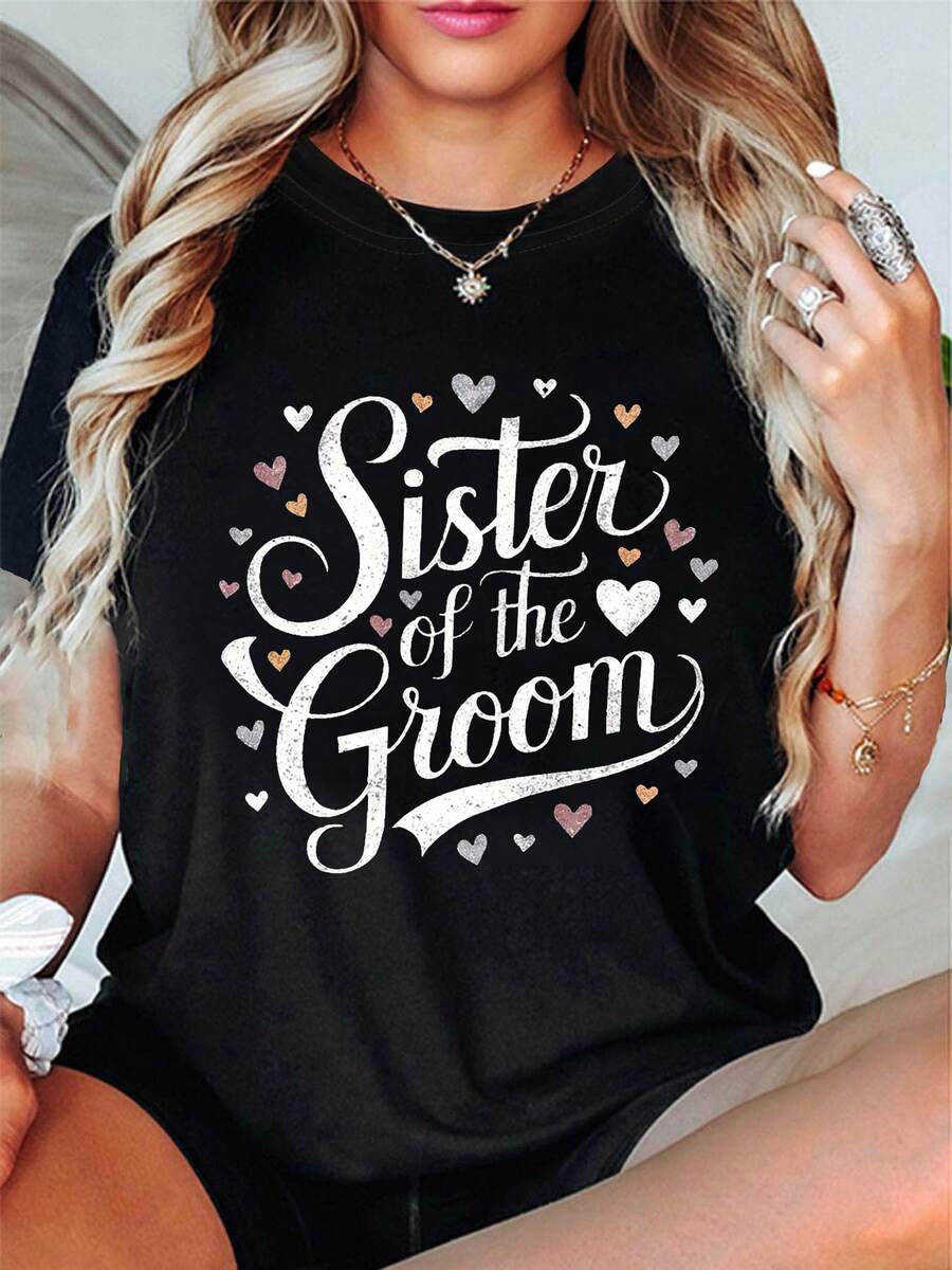 Wo "Sister Of The Bride" Heart Print T-Shirt | Black With Pink And Red Hearts, Casual Short-Sleeve Crew Neck T-Shirt For Weddings, Spring And Summer | Playful Text Design, Comfortable Fit, Durable Fabric, Wedding Guest Dress - 黑色 - 查看 1