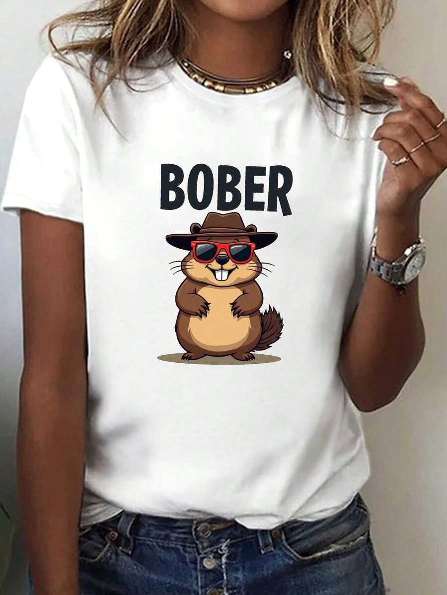 Cute Women's Beaver Print T-Shirt - Cute Bober Beaver Short Sleeve Crew Neck Top, Casual Spring Summer Outfits, Comfortable Regular Fit Graphic Beaver Tee For Casual Wear - 白色 - 查看 1