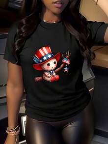 Women's Black T-Shirt - Patriotic Americana Top Hat Bear Graphic Tee with Red, White & Blue Stars, Independence Day Outfit, Fourth of July Party Apparel - Soft Everyday Casual Shirt for American-Themed Events, Whimsical Graphic Tee, Comfortable Fit - Negro - Ver 2