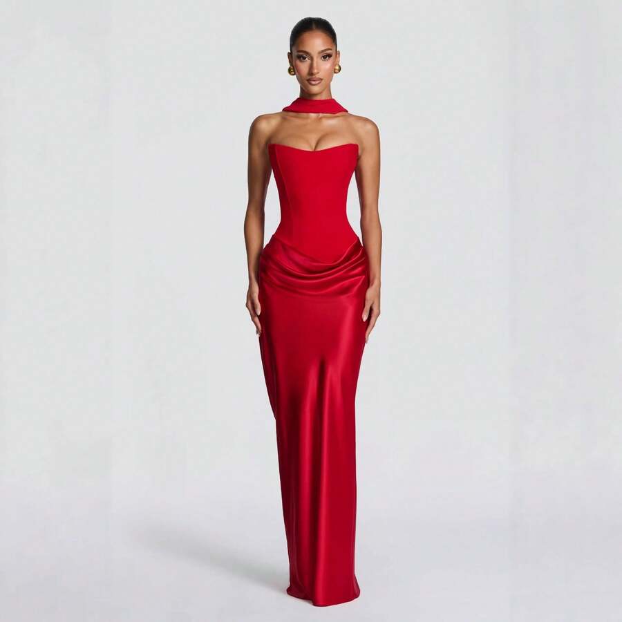 2026 Spring/Summer Sexy Ruched High-End Slim-Fit Strap Dress Elegant Tie-Up Mermaid Gown - 紅色 - 查看 1