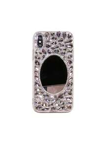 Luxury Bling Rhinestone Glass Oval Makeup Mirror Phone Case, Suitable For IPhone 17 Pro Max/16 Plus, S25 Series/NOTE20 Series, Anti-Drop Phone Cover - White - View 10