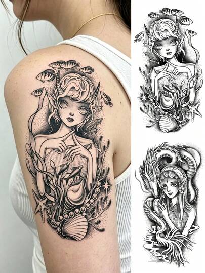 2 Sheets Big Size Body Art Temporary Tattoo Stickers For Women, Black Cartoon Portrait Mixed Pattern, Waterproof Fake Tattoo, Lasts 2-5 Days, Covering Scars,Can Be Used On Arms Wrist Shoulders Legs Waist Neck Hand Chest Thighs Finger Ankle, Suitable For Parties, Gifts, Vacations, Body Decoration