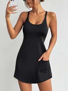 Women's Tennis Skirt Summer New Style Women's Sports Dress, With Pockets, Solid Color Minimalist Elegant Sports Style - Black - View 4