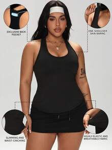 1pc Plus Size Sleeveless Sports Tank Top, Racerback Design, Casual Workout Yoga Outdoor Fitness Basic Solid Color Vest With Pocket At Back, Suitable For Spring, Summer, Autumn, Winter - Black - View 1