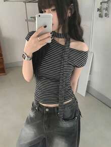 YCYC Korean Style Spring/Summer Striped Print Casual Minimalist Women's Tank Top (With Tie) - Grey - View 2