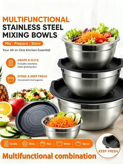 MiLaiWP Juego de 5 piezas de tazones de ensalada de acero inoxidable con tapas y tazones para mezclar, recipientes de ensalada duraderos, aptos para lavavajillas, adecuados para hornear, almacenamiento de alimentos, sellado, accesorios y utensilios de cocina
