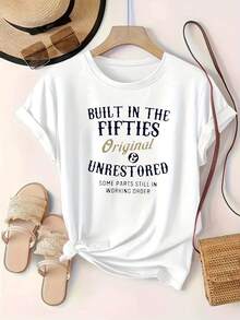 Camiseta casual para mujeres en diseño retro - adecuado para todas las estaciones, con un cómodo cuello redondo y mangas cortas, diseño de letras aleatorias, lavable en máquina, versátil para el uso diario, ajuste suelto, estilo retro, tela suave - Blanco - Ver 2