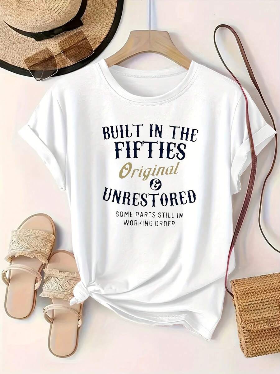 Camiseta casual para mujeres en diseño retro - adecuado para todas las estaciones, con un cómodo cuello redondo y mangas cortas, diseño de letras aleatorias, lavable en máquina, versátil para el uso diario, ajuste suelto, estilo retro, tela suave