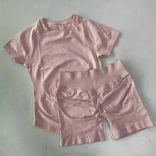 Conjunto Deportivo de Yoga para Mujer STOUREG, Ropa Deportiva de Punto sin Costuras, Top Corto de Manga Corta, Leggings Cortos para Gimnasio - color trufa - Ver 16