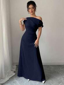 Vestido de mujer con estampado minimalista, hombro asimétrico y talle fruncido - Azul marino - Ver 5