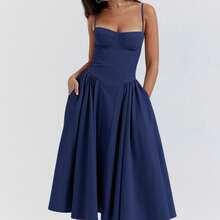 2026 Spring New Women's Clothing: Cross-Border European And American Dress, Elegant French Retro Waist-Cinching Strap Dress - 深藍色 - 查看 11