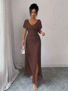 Elenzya Vestido morado claro con cuello en V, mangas con volantes, cintura plisada y abertura, vestido elegante de dama de honor, vestido de fiesta, primavera/verano - Marrón - Ver 5