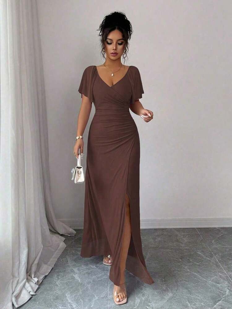 Vestido morado claro con cuello en V, mangas con volantes, cintura plisada y abertura, vestido elegante de dama de honor, vestido de fiesta, primavera/verano - Marrón - Añade 5