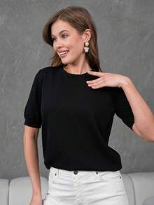 Women's Short-Sleeve Knitted Blouse With Button Closure At The Neck - Black - View 3
