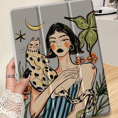 Ayotu 1 chiếc ốp bảo vệ máy tính bảng và Kindle hình cô gái và mèo báo, phù hợp với iPad Air 8 (M4) 2026 (11/13 inch), thế hệ thứ 10, 11/Air thế hệ thứ 4/Air thế hệ thứ 7/9.7 inch, Galaxy Tab A9 Plus, Kindle (thế hệ thứ 11 - ra mắt năm 2024) (6 inch), Kindle Paperwhite thế hệ thứ 12 2024, một món quà Giáng sinh thời trang và tối giản.