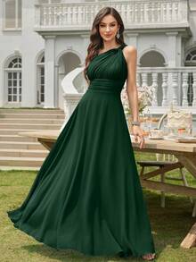 Volly Toych Deep Green Elegant Chiffon Asymmetric Neck Maxi Dress With Ruched Knot Design, Suitable For Formal Occasions And Wedding Guests - Dark Green - View 6