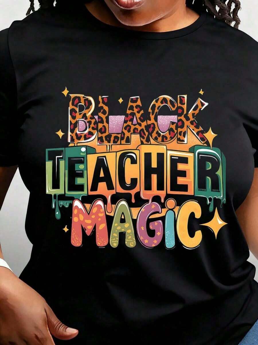 Camiseta Gráfica Mágica para Maestras 2026 Negra - Top Vibrante de Manga Corta y Cuello Redondo para Mujer, Camiseta Casual de Primavera/Verano, Mezcla, Lavable a Máquina, Camisetas para Maestras - Negro - Ver 1