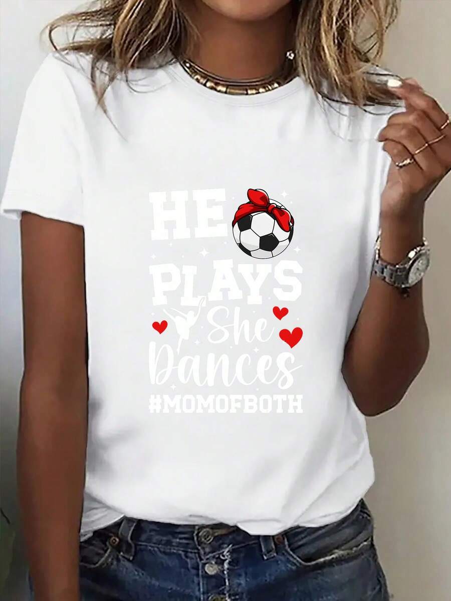 Women's Printed Crew Neck T-Shirt, USA-Mexico Clothing Series, Red And White Color Block Soccer Mom Design, Eye-Catching Item. Soccer Fan Clothing, Cheerleading Outfits. New Comfortable Short Sleeve Spring/Summer Outerwear Sets - 白色 - 查看 1