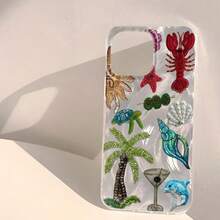 1 pieza Funda de teléfono con diseño de árbol de coco, concha marina y tortuga marina para iPhone 16 Pro Max, 15 Plus, 14, 13 Series - Multicolor - Ver 5
