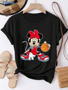 Disney 1件女士短袖T恤，迪士尼米妮图案印花，圆领，弹力面料，易于打理，适合日常穿着，时尚女士短袖T恤，休闲服饰 - 黑色 - 查看 1