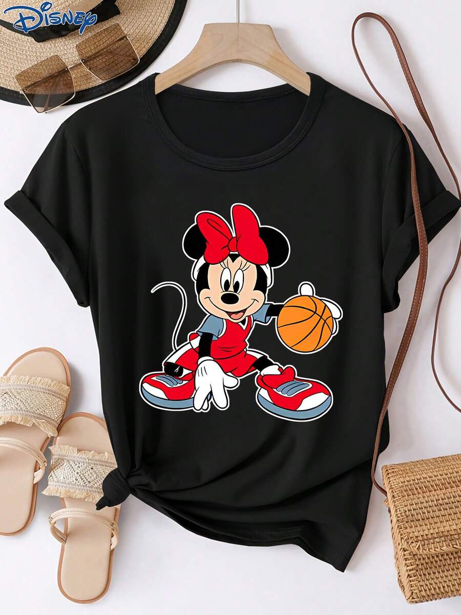Disney 1件女士短袖T恤，迪士尼米妮图案印花，圆领，弹力面料，易于打理，适合日常穿着，时尚女士短袖T恤，休闲服饰 - 黑色 - 查看 1