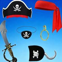 Set de 6 piezas de disfraz de pirata con diadema, sombrero, parche para el ojo y gancho - perfecto para Halloween y fiestas temáticas - Multicolor - Ver 2