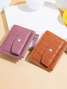 Candy Color Crocodile Grain Card Holder, Short Stone Texture Coin Purse, Multi-Function Zipper Coin Case, Card Holder & Coin Pouch Wallet Wallet For Women Holiday Essentials Teacher Gift Birthday Gift - Multicolor - View 2