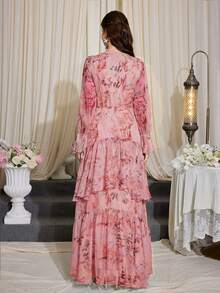 Vestido largo casual de línea A para mujer, estampado floral, cuello en V, manga larga, bajo con volantes en capas, cintura ajustada, tela tejida rosa elegante para vacaciones - Rosado Sandía - Ver 2