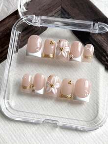 10pcs Square Handmade Fake Nails, Minimalist Style, Pink Base, Gold & White French Tip, 3D Flower Carving, Suitable For Girls And Women Daily, Vacation, School, Wedding Decoration, Includes Jelly Glue And Nail File Handmade Press On Nails - Pink - View 3