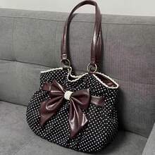 Fashionable Bow Polka Dot Exquisite Shoulder Bag, Niche Design Large Capacity Color Blocked Lace Tote Bag, Sweet Temperament Versatile Cute Armpit Bag, Suitable For Shopping, Commuting, Work, Daily Outings, Dates - White - View 1
