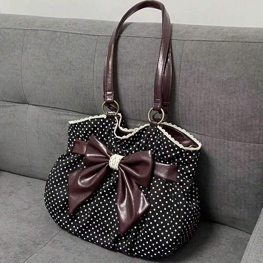 Fashionable Bow Polka Dot Exquisite Shoulder Bag, Niche Design Large Capacity Color Blocked Lace Tote Bag, Sweet Temperament Versatile Cute Armpit Bag, Suitable For Shopping, Commuting, Work, Daily Outings, Dates - White - View 1